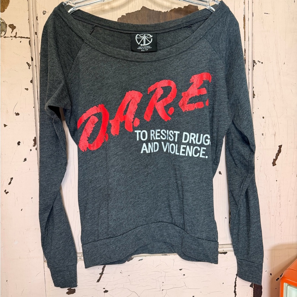 Recycled Karma Gray 1980’s D.A.R.E Anti-Drug Campaign Women’s Boat Neck Top
